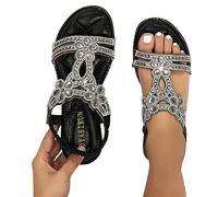 Sandales Femmes Habillées D'été Plat Strass Fleur en Cuir Bohème Sandales T-Strap Élastique Bride À La Cheville Bout Ouvert Chaussures De Plage Cristal Floral Casual Chaussures (Noir, 38)