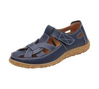 Sandales fermées plates en cuir pour femme - Largeur H - Noir - Avec boucle - Sandales d'extérieur respirantes - Antidérapantes - Avec bande adhésive, bleu, 46 EU