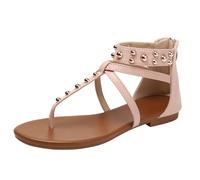 Sandales Gladiateur À Clous Femme Sandales À Lanière Plate À Bride Croisée modèle À Fermeture Éclair Bout Rond Chaussures Romaines De Plage pour Vacances Et Voyage D Été,Rose,38 EU