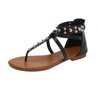 Sandales Gladiateur À Clous Femme Sandales À Lanière Plate À Bride Croisée modèle À Fermeture Éclair Bout Rond Chaussures Romaines De Plage pour Vacances Et Voyage D Été,Noir,42 EU