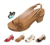Sandales habillées à talon carré avec boucle pour femme, chaussures basses à bout ouvert, sandales compensées à plateforme florale légère, marron, 34.5 EU