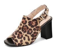 Sandales Imprimé Animal Léopard Bout Échancré Femme Talon Bloc Épais Slingback Talon Haut Talons Habillés Escarpins Courts pour Vacances D'Été Et Style du Soir,Léopard,40 EU