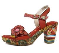 Sandales Laura Vita Femme En Cuir Rouge À Fleurs, À Enfiler À Bride, Talon