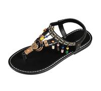 Sandales légères bohème avec sangles perlées pour l'été décontracté, chaussures plates de style romain pour un confort quotidien, Noir , 37.5 EU