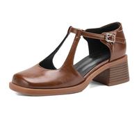 Sandales Mary Jane Femme Bride en T Bout Carré Talon Bloc Escarpins Chaussures De Bureau De Travail Confortables pour Port Quotidien Et Décontracté d'affaires,Marron,37 EU