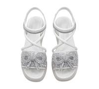 Sandales ornées d'un nœud étincelant et de perles - Chaussures d'été confortables à plateforme plate - Sandales de marche pour femme - Pour fête, mariage, soirée, blanc, 37.5 EU
