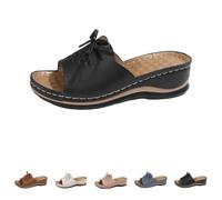 Sandales orthopédiques à bout ouvert pour femme - Sandales de plage à talons hauts - Mules à bout ouvert avec nœud - Pantoufles ethniques rétro avec coussin d'air en cuir - Sandales romaines rétro