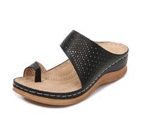 Sandales orthopédiques bohèmes décontractées pour femmes, sandales compensées à bout fendu pour oignons, sandales de marche avec soutien de la voûte plantaire pour femmes, sandales à coussin(Black,38