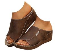 Sandales orthopédiques compensées en cuir épais pour femme - Bout ouvert - Chaussures de marche décontractées - Pour voyage, vacances - Confortable - Chaussures de plage d'été légères, Un café., 37.5