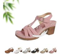 Sandales orthopédiques confortables à talons épais, sandales d'été réglables à bout ouvert et bout carré, sandales à talons confortables pour femme, rose, 0 UK Wide