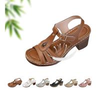 Sandales orthopédiques confortables à talons épais, sandales d'été réglables à bout ouvert et bout carré, sandales à talons confortables pour femme, marron, 0 UK Wide