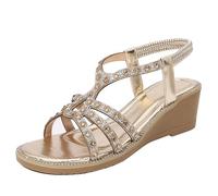 Sandales OrthopéDiques Confortables De Qualité Sandales à strass pour femmes, chaussures d'été ethniques à bout ouvert et à fond épais avec talon incliné Tropezienne Basket Femme Claquette (Gold, 36)