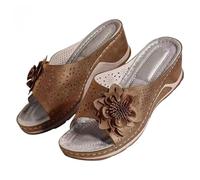 Sandales orthopédiques en cuir souple avec soutien de la voûte plantaire, sandales compensées confortables pour femme, sandales d'été chic florales confortables pour l'été, marron, 34.5 EU