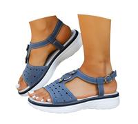 Sandales orthopédiques pour femme avec talon - Sandales compensées - Bouche de poisson creuse - Chaussures d'été confortables - Fermeture - Respirantes - Chaussures de plage ouvertes, bleu, 36 EU