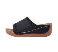 Sandales orthopédiques pour femme - Talon compensé - En cuir synthétique - Pantoufles à plateforme - Larges pieds - Plateforme - Chaussures d'été - Loisirs - Semelles souples, Noir , 40 EU