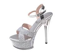 Sandales pailletées Blanches Grande Taille à Bride de Cheville 15 cm, Chaussures de fête Scintillantes pour Mariage, boîte de Nuit et défilé,Argent,35 EU