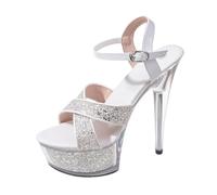 Sandales pailletées Blanches Grande Taille à Bride de Cheville 15 cm, Chaussures de fête Scintillantes pour Mariage, boîte de Nuit et défilé,Blanc,36 EU