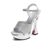 Sandales Plateau Femme à Bout Rond Peep-Toe et Bride de Cheville à Boucle, Talon Bloc épais de 14 cm, adaptées pour Mariage, soirées et défilés de mannequins,Argent,38 EU