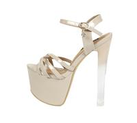 Sandales Plateforme Femme à Bride Simple avec Boucle, Talon Bloc épais 16 cm, Chaussures de soirée Grandes Tailles pour boîte de Nuit et défilé de mannequins,Beige,36 EU