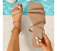 Sandales plates à bout carré et multi-sangles pour femmes, chaussures à enfiler à bout ouvert couleur nude/camel, sandales plates décontractées minimalistes à lacets, pantoufles confortables pour l'ét