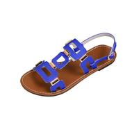 Sandales plates à bout ouvert et bride arrière en similicuir avec sangle géométrique pour l'été, la plage, les vacances, la marche décontractée, marron clair et noir, bleu, 40.5 EU