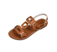 Sandales plates à bout ouvert et bride arrière en similicuir avec sangle géométrique pour l'été, la plage, les vacances, la marche décontractée, marron clair et noir, marron, 40.5 EU