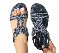 Sandales plates à bride en T avec sangle de cheville élastique et bride de cheville - Style bohème - Tendance - Pour vacances - Plage - Bout ouvert - Avec bride arrière élastique