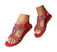 Sandales plates à bride en T avec sangle de cheville élastique et bride de cheville - Style bohème - Tendance - Pour vacances - Plage - Bout ouvert - Avec bride arrière élastique