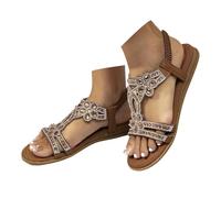 Sandales plates à bride en T avec sangle de cheville élastique et bride de cheville - Style bohème - Tendance - Pour vacances - Plage - Bout ouvert - Avec bride arrière élastique