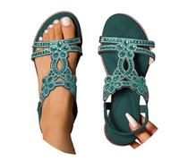 Sandales plates à bride en T avec sangle de cheville élastique et bride de cheville - Style bohème - Tendance - Pour vacances - Plage - Bout ouvert - Avec bride arrière élastique