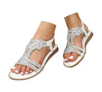 Sandales plates à bride en T avec sangle de cheville élastique et bride de cheville - Style bohème - Tendance - Pour vacances - Plage - Bout ouvert - Avec bride arrière élastique