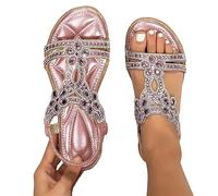 Sandales plates à bride en T avec sangle de cheville élastique et bride de cheville - Style bohème - Tendance - Pour vacances - Plage - Bout ouvert - Avec bride arrière élastique