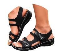 Sandales plates à lanières pour femme - Bout ouvert - Chaussures de marche décontractées - Crochet et boucle réglables - Légères au quotidien, Noir , 38.5 EU