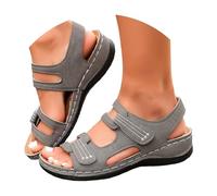 Sandales plates à lanières pour femme - Bout ouvert - Chaussures de marche décontractées - Crochet et boucle réglables - Légères au quotidien, gris, 37.5 EU