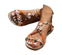 Sandales plates à lanières pour femme - Bout ouvert - Style décontracté - Style bohème - Sangle de cheville - Confortables - Large largeur - Perles - Avec soutien de la voûte plantaire, B Orange, 35