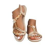 Sandales plates à lanières pour femme - Bout ouvert - Style décontracté - Style bohème - Sangle de cheville - Confortables - Large largeur - Perles - Avec soutien de la voûte plantaire, A beige., 37.5