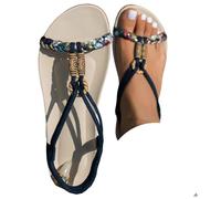 Sandales plates à lanières pour femme - Bout ouvert - Style décontracté - Style bohème - Sangle de cheville - Confortables - Large largeur - Perles - Avec soutien de la voûte plantaire, Bleu foncé E