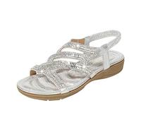 Sandales plates à paillettes pour femme avec strass et support de talon élastique - Antidérapantes - Chaussures plates - Sandales de trekking pour femme - Chaussures bohèmes pieds nus, argenté, 37 EU