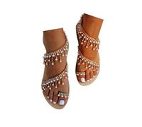 Sandales plates à strass pour femme, sandales d'été boho 2026 élégantes avec fleurs, perles, lanières, sangle à la cheville, bague à l'orteil, sandales tendance confortables et décontractées à enfiler