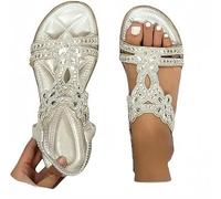 Sandales plates avec strass pour femme - Large largeur - Confortables - Antidérapantes - Style décontracté - Sangle bohème - Chaussures de marche réglables, Argenté., 39.5 EU