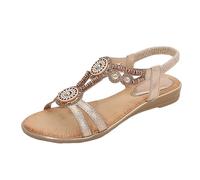 Sandales plates bohèmes pour femme avec médaillon et barre en T - Style décontracté - Élastique - Sandales de marche - Chaussures de vacances, doré, 37.5 EU