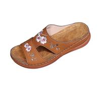 Sandales Plates Compensées Femme Été Pantoufles Bout Ouvert Fleurs Brodées Mode Cuir Confortable Chaussures Décontractées de Plage Intérieur Extérieur Marche 2025
