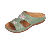 Sandales Plates Compensées Femme Été Pantoufles Bout Ouvert Fleurs Brodées Mode Cuir Confortable Chaussures Décontractées de Plage Intérieur Extérieur Marche 2025
