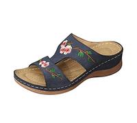 Sandales Plates Compensées Femme Été Pantoufles Bout Ouvert Fleurs Brodées Mode Cuir Confortable Chaussures Décontractées de Plage Intérieur Extérieur Marche 2025