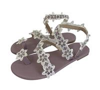 Sandales Plates d'été Femme Bohême Bout Ouvert en Sexy Dentelle Fleur Flip Flop Talon Basse Léger Pantoufles Chaussures Mules Tongs avec Boucle à L'orteil Elégant de Vacances Plage (Rose, 38)