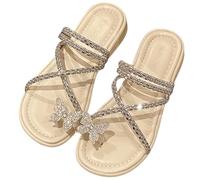Sandales Plates d'été for Femmes, élégantes, Brillantes, avec Strass, for Les Vacances et la Plage(Beige,40 EU)