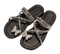 Sandales Plates d'été for Femmes, élégantes, Brillantes, avec Strass, for Les Vacances et la Plage(Schwarz,35 EU)
