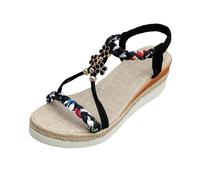 Sandales plates d'été pour femme - Style bohème - Avec perles en strass - Pour les loisirs - Chaussures de plage orthopédiques décontractées - Tongs élastiques tressées pour femme, Noir , 43 EU