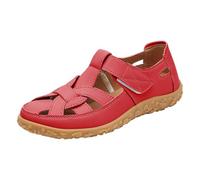 Sandales plates en cuir à bout fermé pour femme - Sandales d'été décontractées et ajourées avec sangle de cheville - Sandales plates tendance pour les vacances, la plage, Rouge, 41 EU
