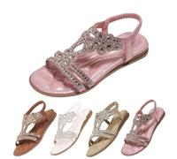 Sandales plates en cuir à bout ouvert avec strass pour femme - Style bohème - Sangle en T - Pour la plage - Avec sangle élastique, kaki, 36 2/3 EU